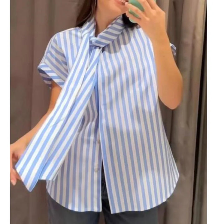 Women's Striped Shirts 2026 Summer Fashion High Neck With Bow Short Sleeve Blouses Casual Female Loose Buttons Tops