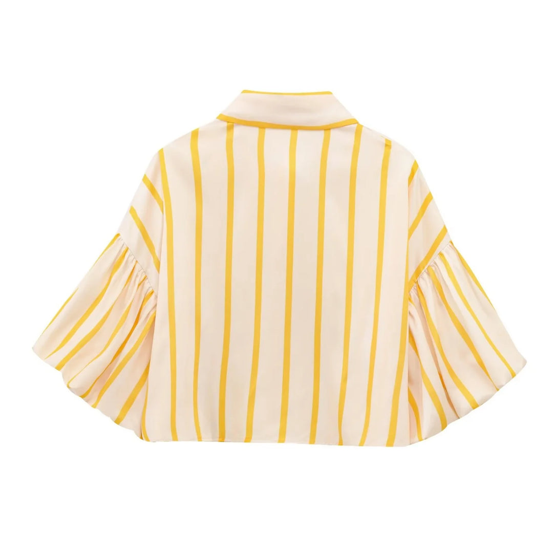 Women Striped Shirts Female Loose-Fit Bubble Sleeve Printed Shirts Lady Casual Youthful Energetic Short Sleeved Tops Clothing