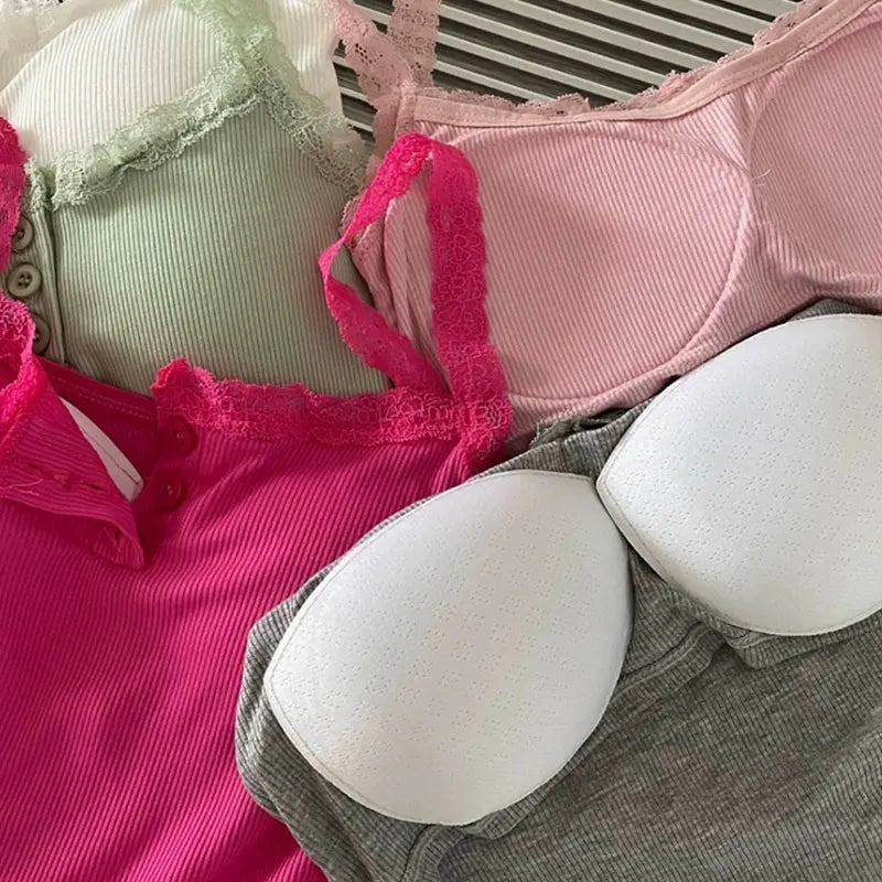 Women’s Sexy Lace Cropped Top – Sleeveless Camisole with Built-In Cups