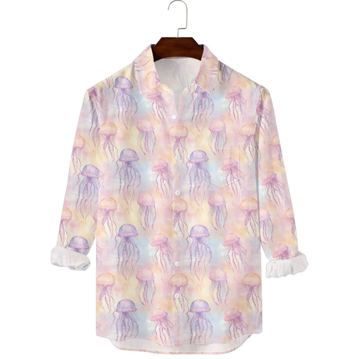 قميص رجالي مطبوع عليه سمك هاواي - قميص كاجوال بأكمام طويلة