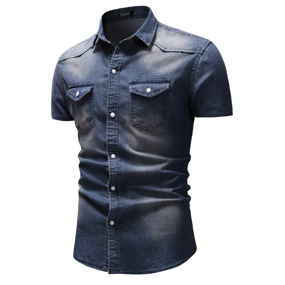Men Denim Shirts Tops Shirt Short Sleeve Button Turn Down Collar Single Breasted Slim Fit Solid Simple Casual Splice Top 2024