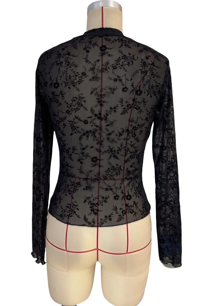 Women’s Sexy Mesh Top – Long Sleeve Floral Sheer Blouse