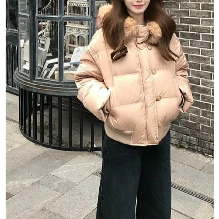 Korean Retro Big Fur Collar Cotton Clothes for Women's Autumn and Winter New Waist Thin Warm Jacket Khaki Bread Clothes