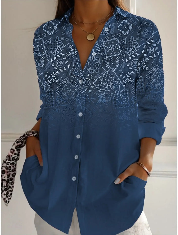 Women's Shirts Geometric Color Block Graphics Blouse Lapel Neck Blouse Women's Long Sleeve Shirts Womens Clothes Female Clothing