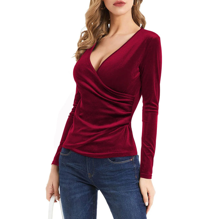 Women’s Sexy V-Neck Ribbed Top – Warm Long-Sleeve Shirt