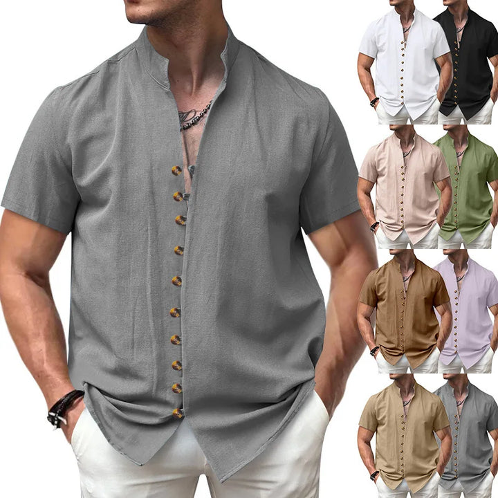 Summer New Short Sleeve Shirts for Men Fashion Solid Casual Linen Tops Breathable Stand Collar Loose Beach Blouses Men Clothing