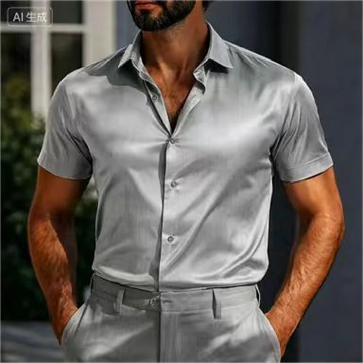 Men's Shirts Satin Shirts Formal Shirts Solid Color Daily Outdoor Light Blue Black White Navy Blue Short Sleeve Cuffed Summer Cl