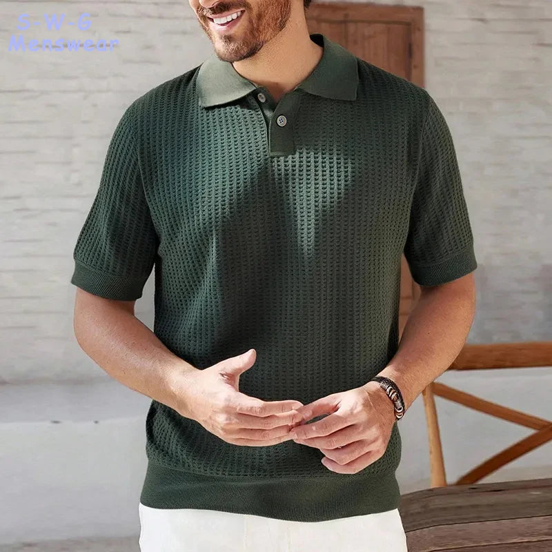 Mens Knit Shirts Short Sleeve Men's Textured Knit Polo Shirt Summer Short Sleeve Vacation Button Beach Knit Stretchy Golf Shirts
