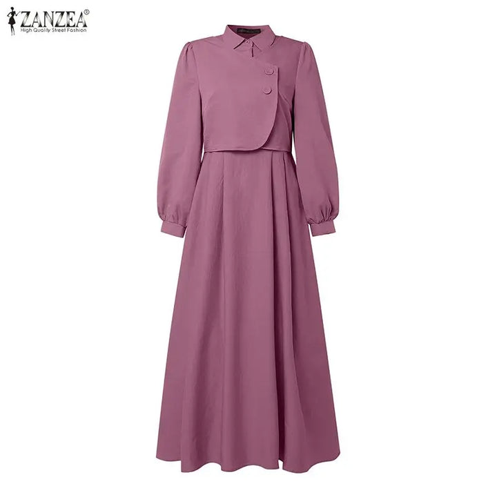ZANZEA Ramadan Robe Fashion Muslim Dresses Women Elegant Long Sleeve Pleated Sundress Dubai Abaya Casual Kaftan Fake 2 Pieces