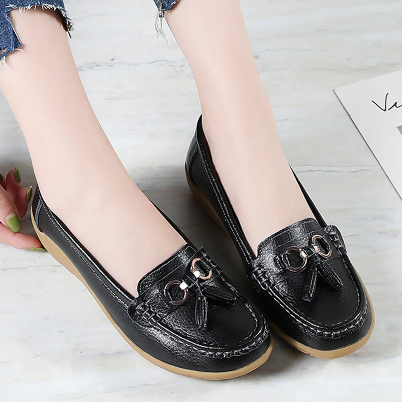 Women’s Leather Loafers – Breathable Chunky Flat Shoes