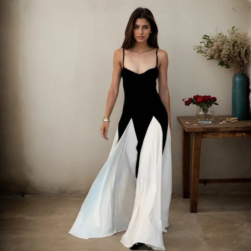 Women Evening Dress Fashion Elegant Royal Sister Slim Black And White Contrast Color Strap Dress Sexy V-Neck High Waist Dresses