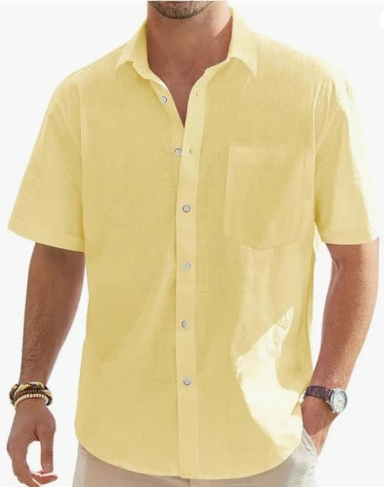 Men's Summer New Style European and American Fashion Classic Comfortable Breathable Cotton and Hemp Solid Color Top Shirt