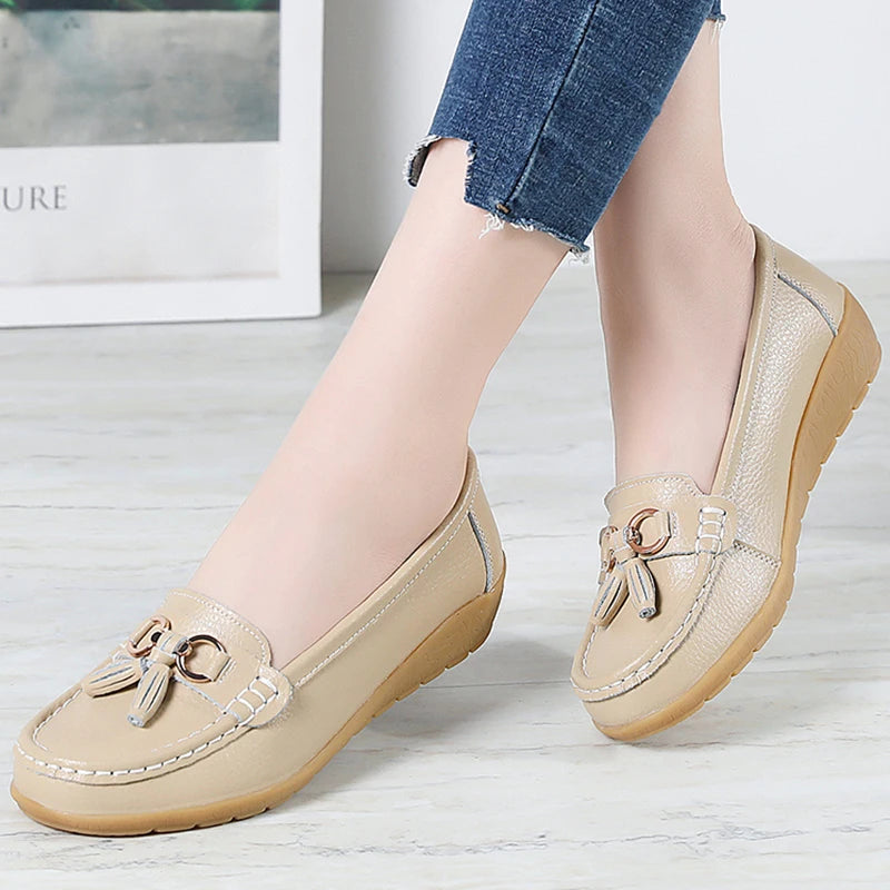 Women’s Leather Loafers – Breathable Chunky Flat Shoes