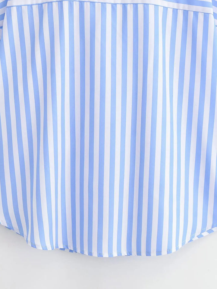 Women's Striped Shirts 2026 Summer Fashion High Neck With Bow Short Sleeve Blouses Casual Female Loose Buttons Tops