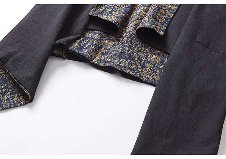 Men's Kimono Cardigan Japanese Samurai Costume Cotton Linen Haori Yukata Streetwear Retro Ethnic Robe Double-Sided Cloak Jacket
