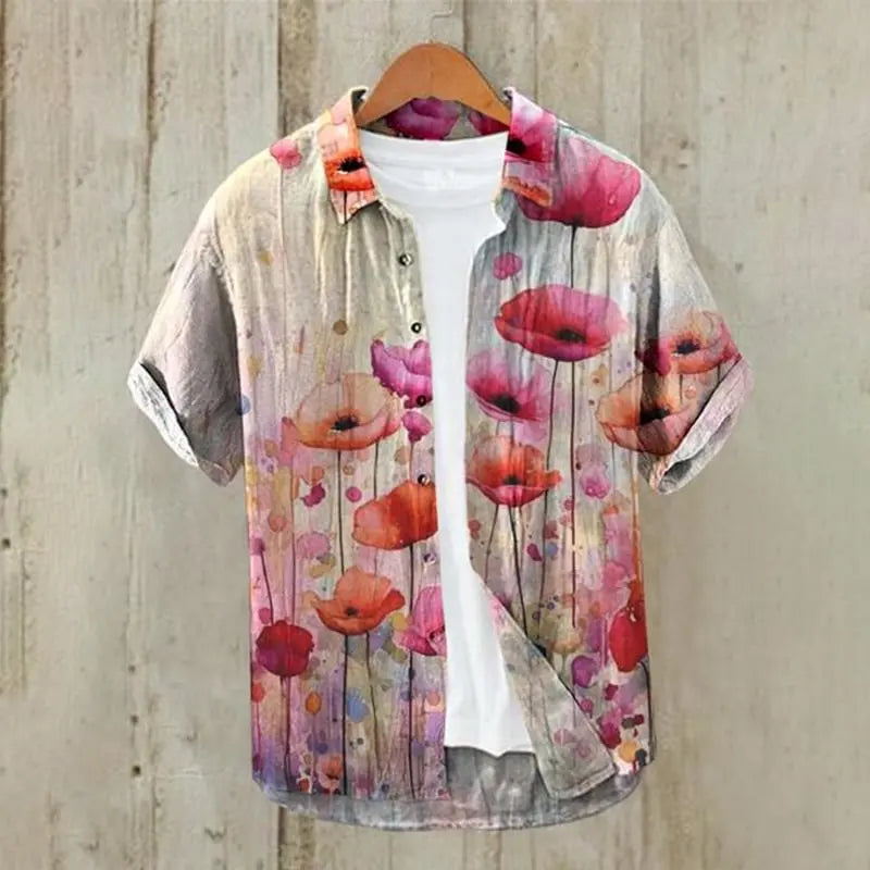 Men's shirt, small fish eating big fish, fashionable and casual, slim fit, Hawaiian men