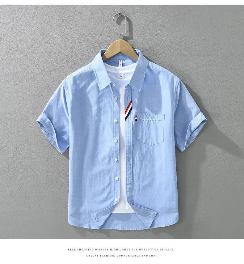Men's 100% Cotton Short-Sleeve Shirt – Classic Turn-Down Collar, Slim Fit with Chest Pocket & Striped Detail