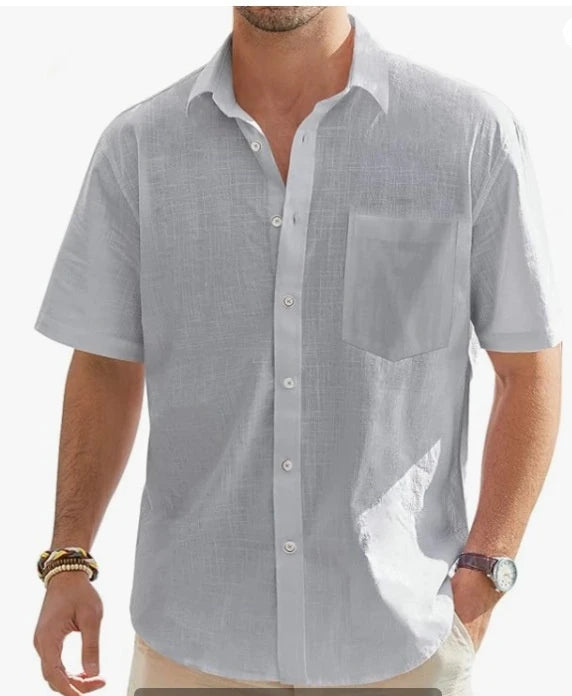 Men's Summer New Style European and American Fashion Classic Comfortable Breathable Cotton and Hemp Solid Color Top Shirt