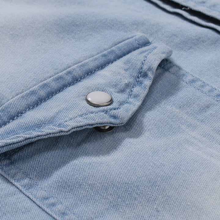 Men Denim Shirts Tops Shirt Short Sleeve Button Turn Down Collar Single Breasted Slim Fit Solid Simple Casual Splice Top 2024