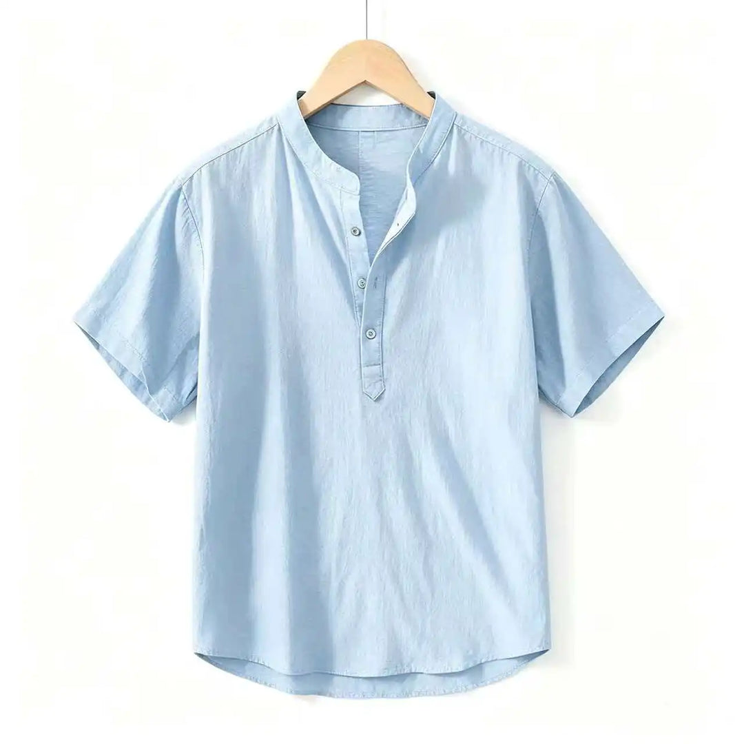 Summer Men's Short Sleeve Shirts Solid Color Stand Up Collar T Shirts Loose Casual Beach Shirt Breathable Male Linen Tops