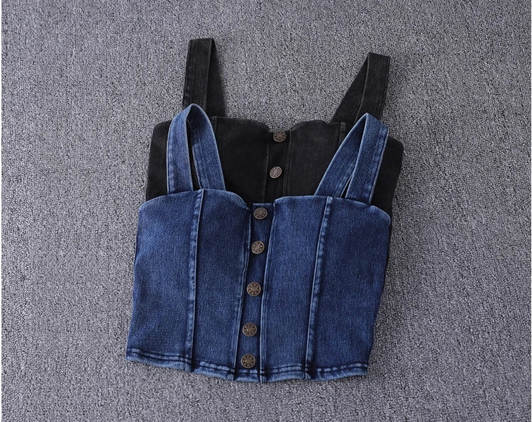 women's clothing sexy Tops For Women crop top fashion button front shirred detail denim top