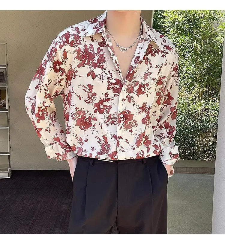 Men's Floral Shirt Men's Style New Long-sleeved Spring Autumn High-end Ice Silk Casual Loose