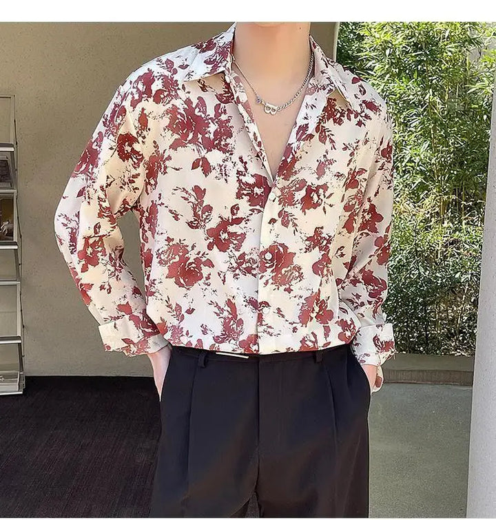 Men's Floral Shirt Men's Style New Long-sleeved Spring Autumn High-end Ice Silk Casual Loose
