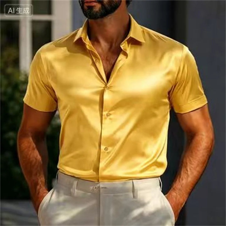 Men's Shirts Satin Shirts Formal Shirts Solid Color Daily Outdoor Light Blue Black White Navy Blue Short Sleeve Cuffed Summer Cl