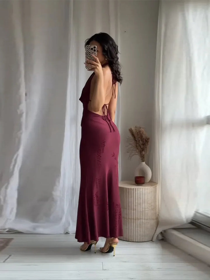 Women’s 2026 Vintage Red Lace-Up Dress – Sleeveless Deep V Neck Elegant Party Gown