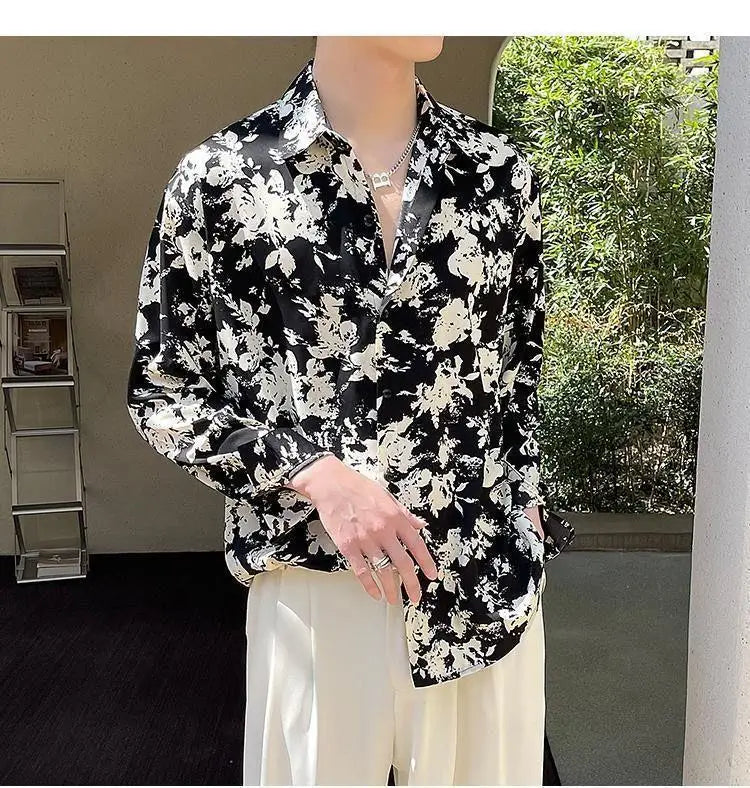 Men's Floral Shirt Men's Style New Long-sleeved Spring Autumn High-end Ice Silk Casual Loose