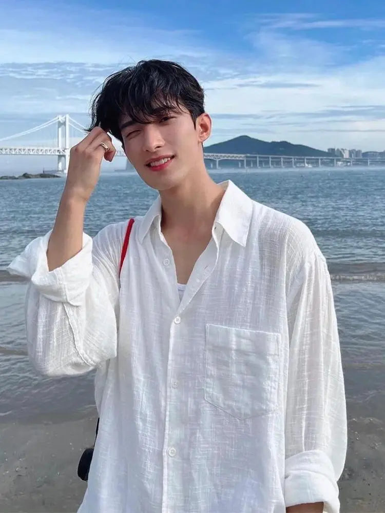 Men's Shirt Premium Thin White Loose Breathable Shirt Loose Long Sleeve Sun Protection Tees Lightweight Vacation Pockets Shirts