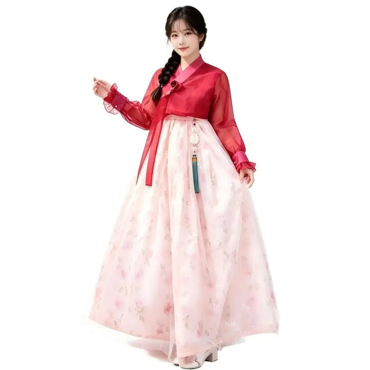 Elegant Women Hanbok Set Sheer Long Sleeve Floral Tulle Skirt Korean Traditional Dress Party Dance Photo Clothes
