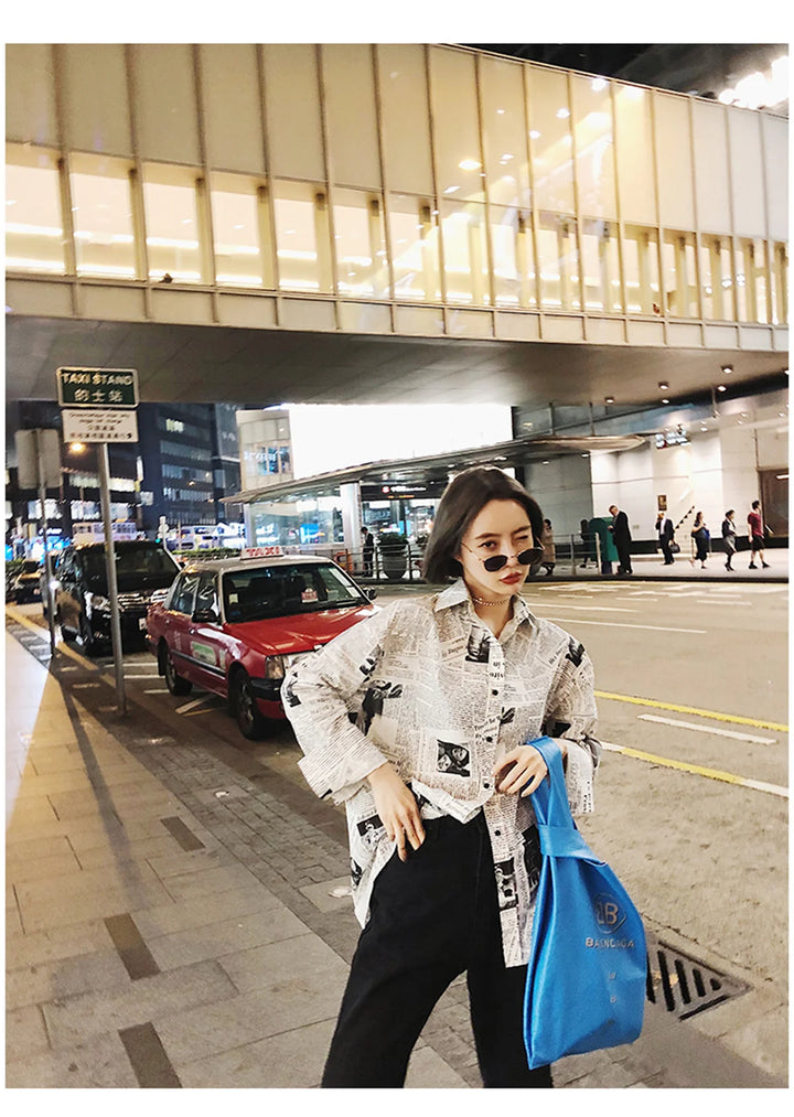 Trendy Shirt Blouse Simple Thin Newspaper Print Shirt Summer Loose Shirt Top Women Solid Color Sun Protection Shirt Streetwear
