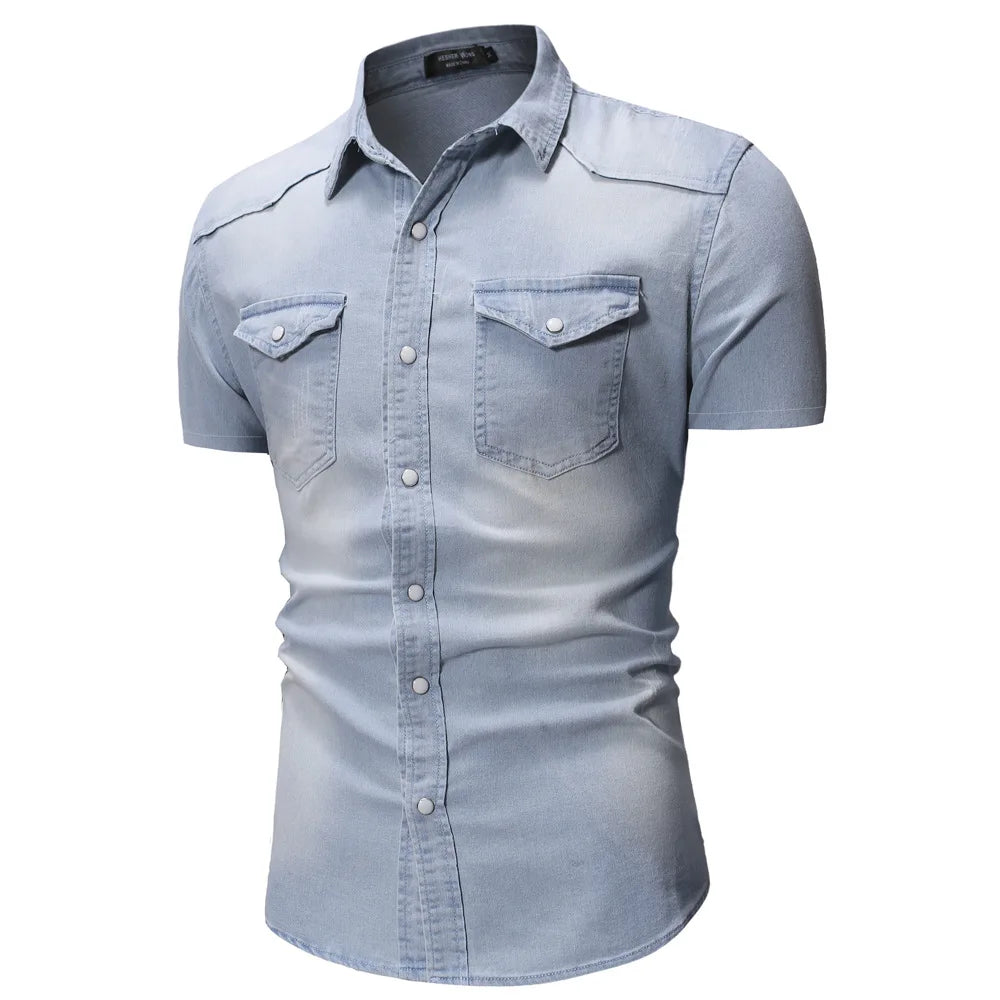Men Denim Shirts Tops Shirt Short Sleeve Button Turn Down Collar Single Breasted Slim Fit Solid Simple Casual Splice Top 2024