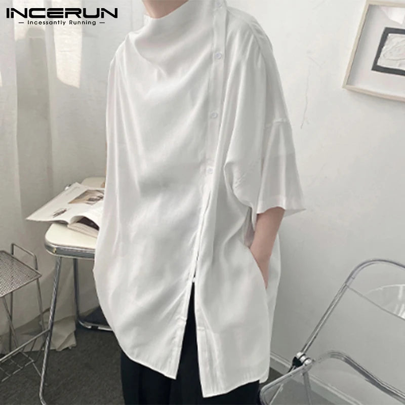 Handsome Well Fitting Men's Casual Shirts Solid Color Turtleneck Half Sleeve Button Up Camisa Masculina S-5XL INCERUN Tops 2023