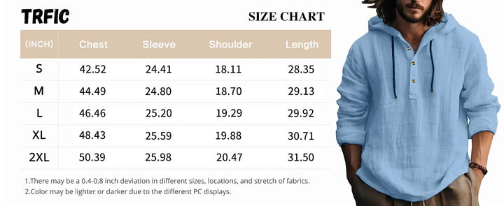 2026 New Men's  T-Shirts Spring Summer Hooded Cotton Linen Tops for Men Soft Loose Henley Shirt Casual Button Long Sleeve Shirts