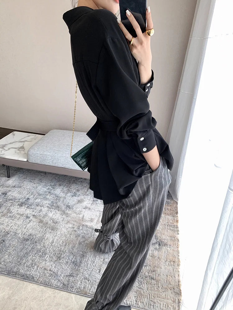 Elegant Women Shirts Woman Waist Long Sleeve Lapel Single Breasted Sashe Shirt Office Lady Business Pleated Ruched Blouses Tops