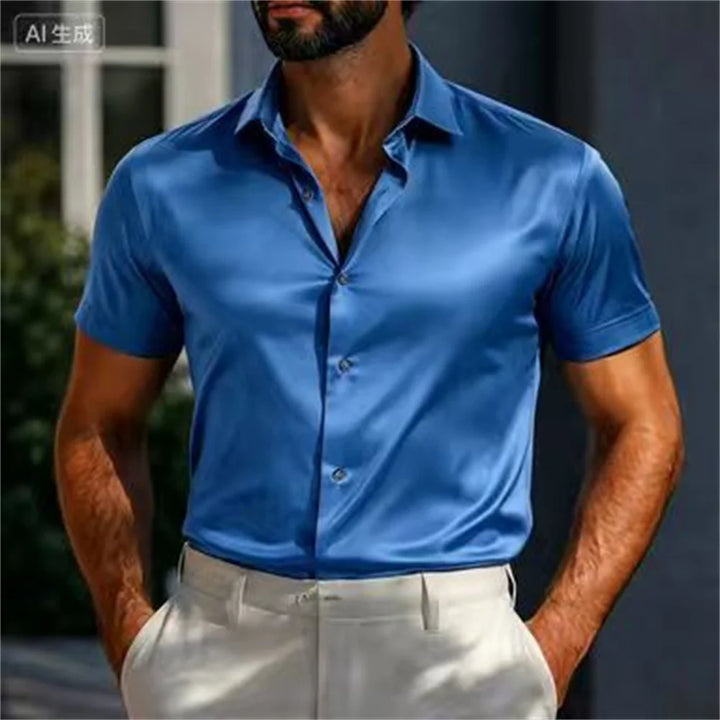 Men's Shirts Satin Shirts Formal Shirts Solid Color Daily Outdoor Light Blue Black White Navy Blue Short Sleeve Cuffed Summer Cl
