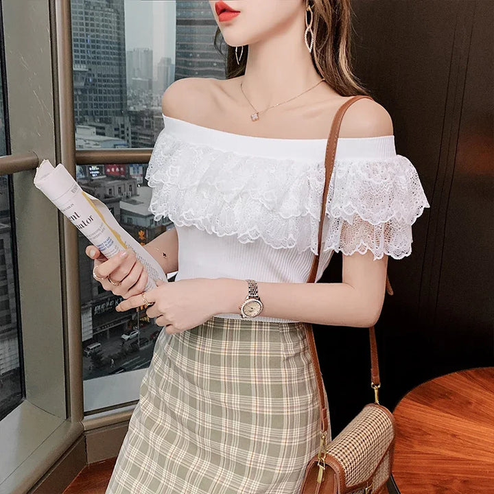 2024 Women’s Summer Blouse – Patchwork Lace Ruffles, Sweet Tunic Top