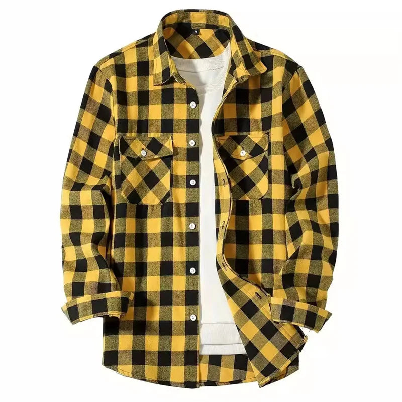 Mens Shirts Fashion Classic Plaid Cardigan Casual Shirt Long Sleeve Chest Two Pockets Turn-Down Collar Spring Autumn Men Tops