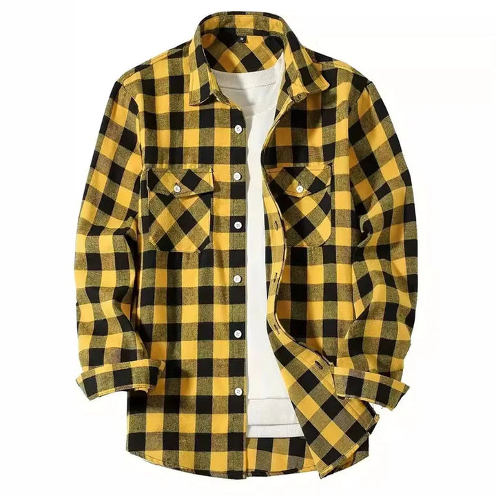 Mens Shirts Fashion Classic Plaid Cardigan Casual Shirt Long Sleeve Chest Two Pockets Turn-Down Collar Spring Autumn Men Tops