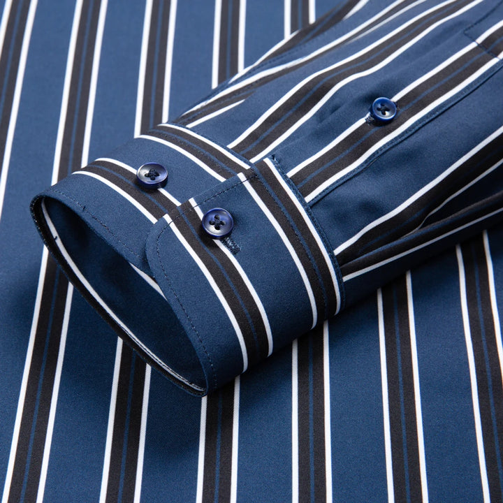 Men's Elegant  Striped Iron-Free Long Sleeve Dress Shirts - Breathable, Stretchy Casual Button Up Shirt For Formal Occasions