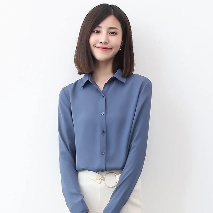 بلوزة شيفون بسيطة للنساء – بلوزة رسمية بأكمام طويلة