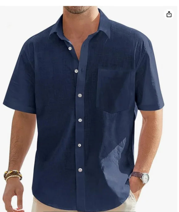 Men's Summer New Style European and American Fashion Classic Comfortable Breathable Cotton and Hemp Solid Color Top Shirt