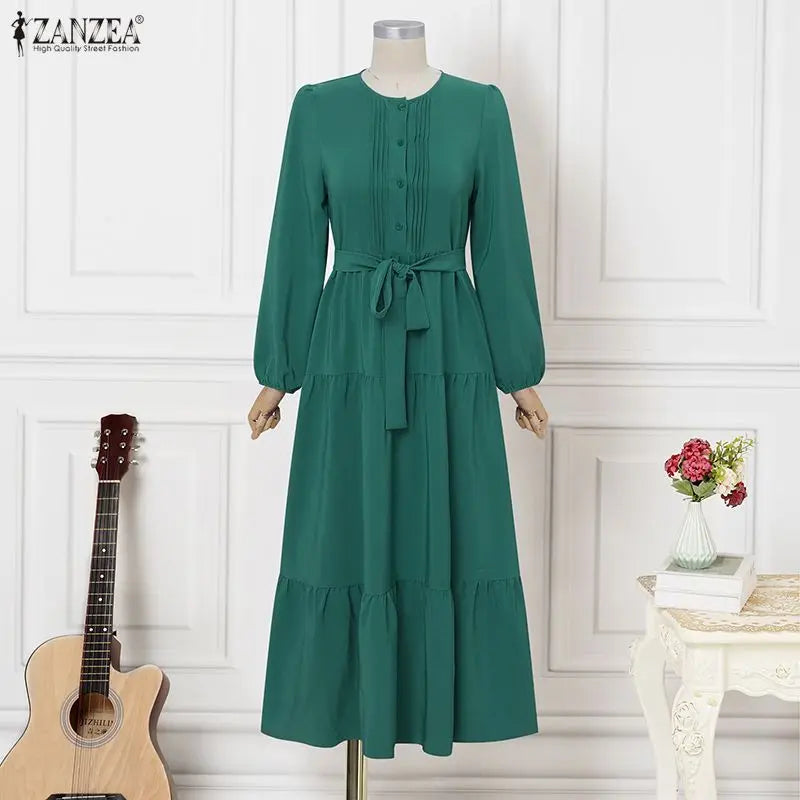 ZANZEA Elegant Muslim Abaya Dress Women O Neck Long Sleeve Pleated Sundress Maxi Robe Casual Kaftan Stylish Party Dress Ramadan