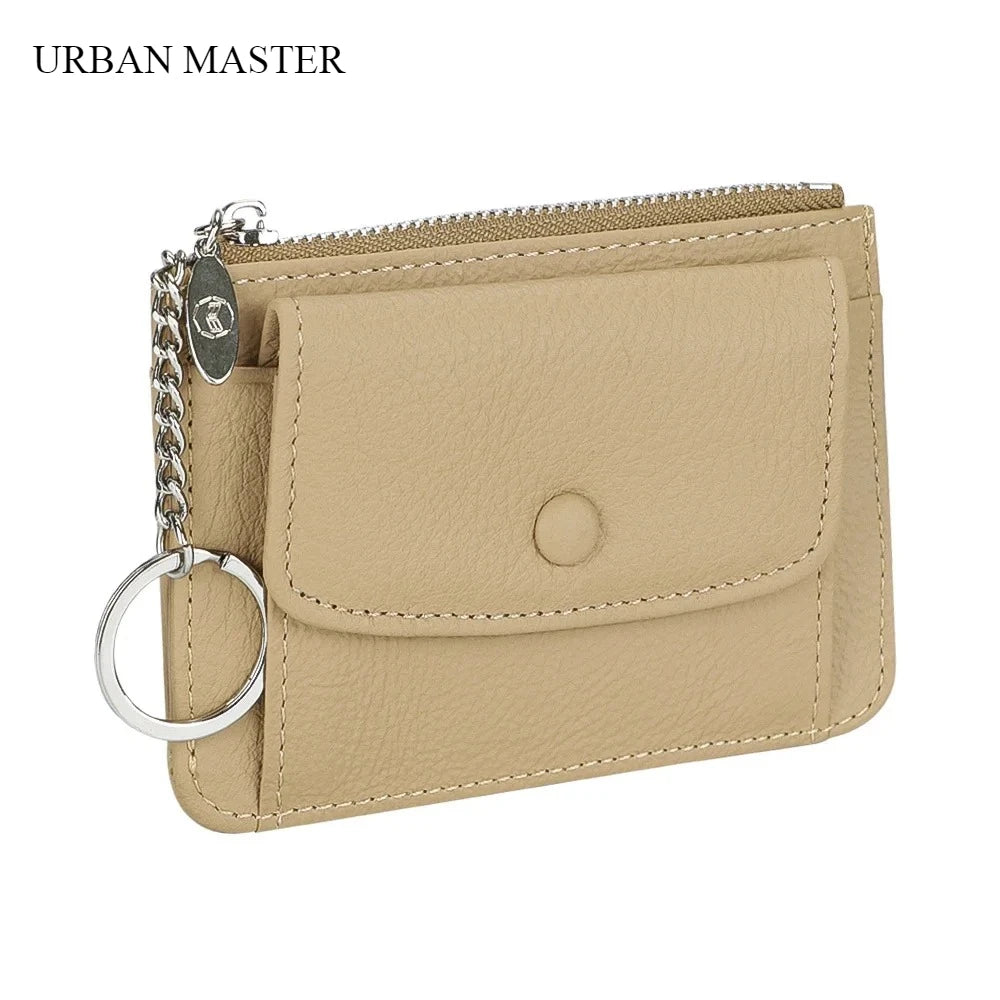 محفظة جلدية نسائية للبطاقات والعملات المعدنية مع سلسلة مفاتيح