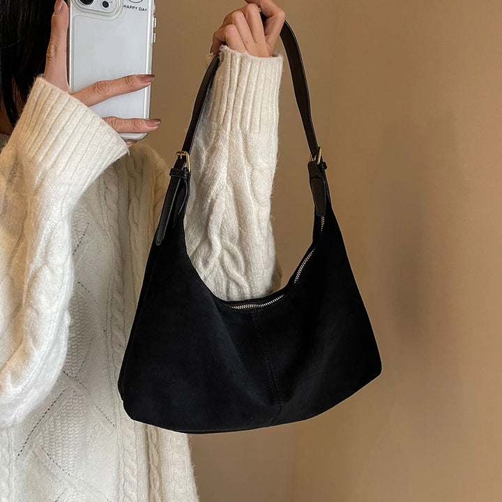 Vintage Women’s Suede Handbag – Designer Crescent Hobo Crossbody Bag