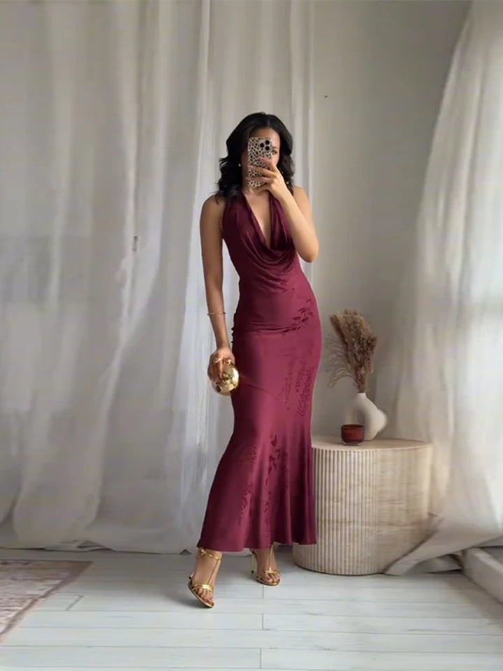 Women’s 2026 Vintage Red Lace-Up Dress – Sleeveless Deep V Neck Elegant Party Gown