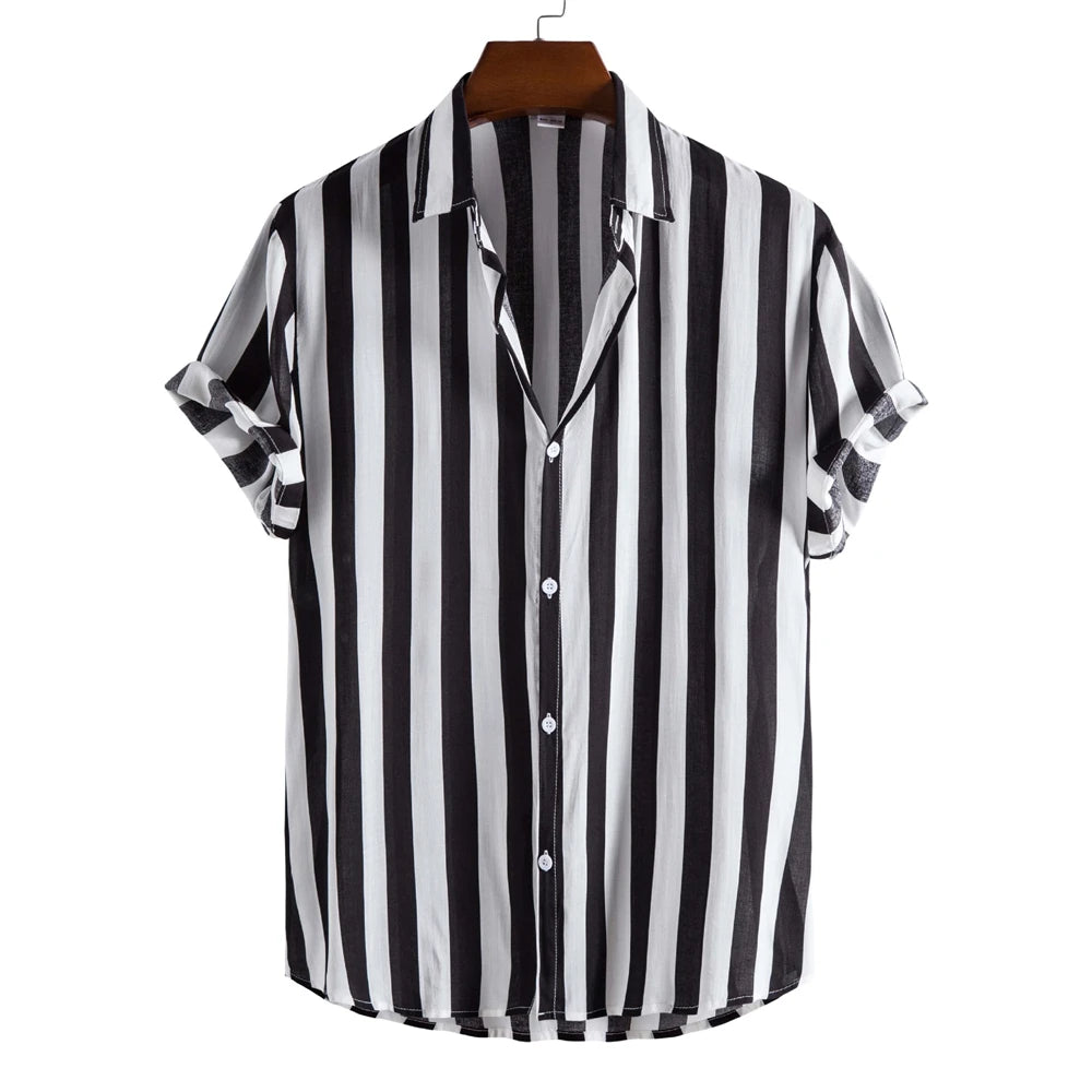 Men's Shirts Striped Shirts 3D Hawaiian Button Short Sleeve Plaid Red Top Beach Wear Black and White Shirt Men's Clothing