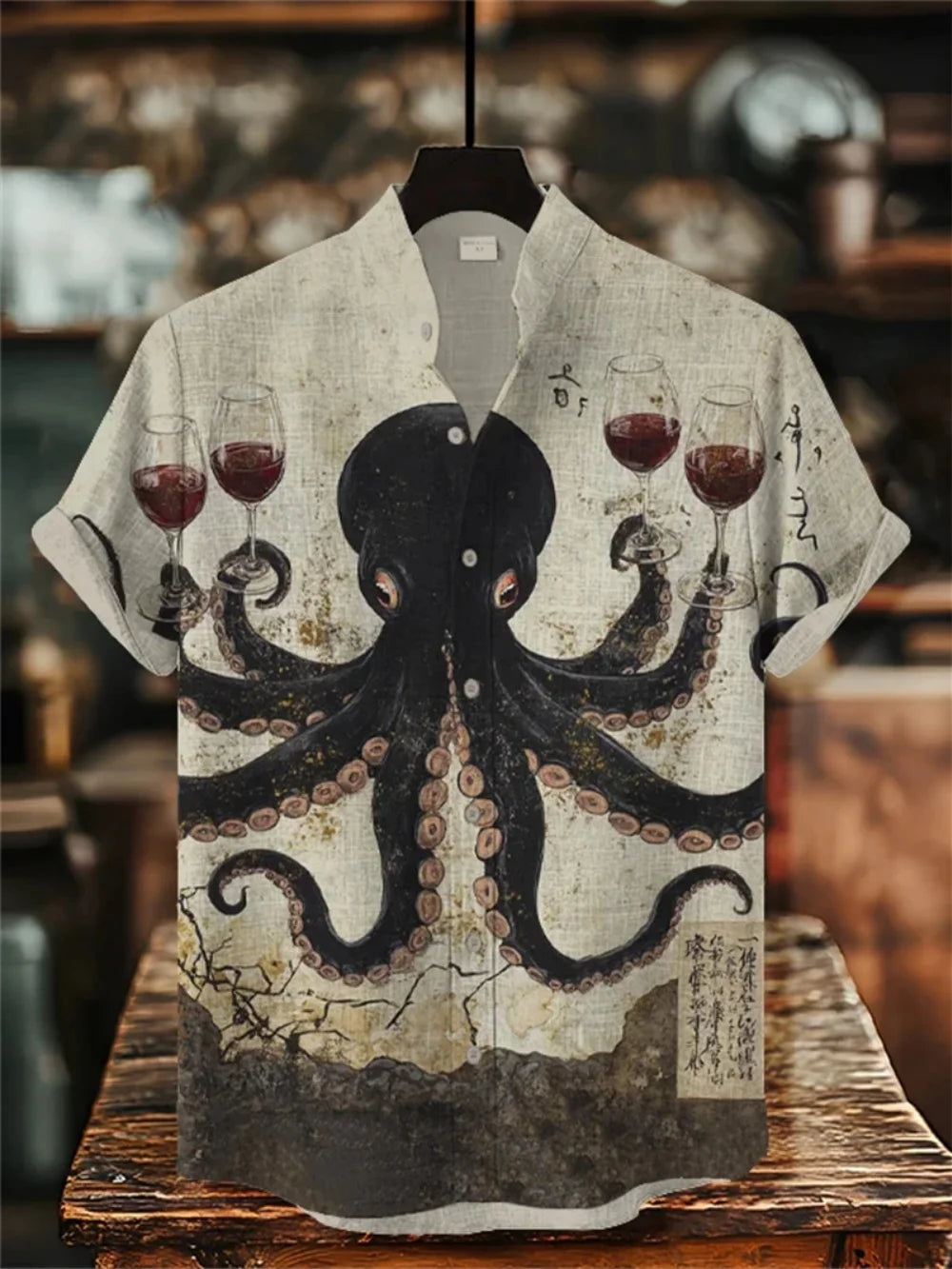 Men's Printed Short Sleeve Shirt Fashionable Casual Outdoor Breathable Linen Stand up Collar for Social Parties